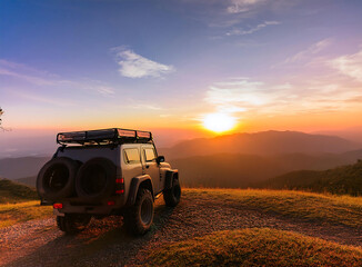 adventure off-road vehicle, standing at the sunrise view point along the mountain side