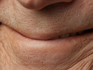 A close-up of an older person's lips, showcasing wrinkles and skin texture, highlighting age and emotion subtly.