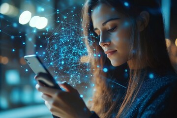 Technological concept of artificial intelligence and machine learning Person using smartphone with AI and search icons displayed, integration of advanced algorithms & human-computer, Generative AI