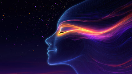 Fototapeta premium A giant surreal face beaming a smile, made entirely of flowing light, with colorful energy swirling around it, light smile, joyful encouragement, Lively, Minimalist,