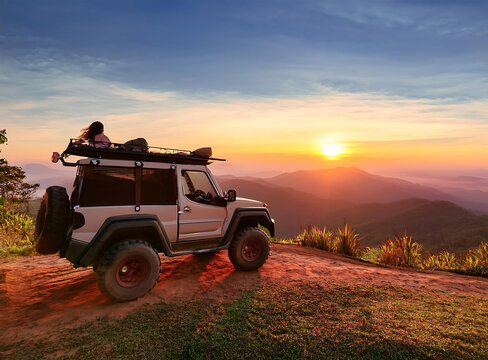adventure off-road vehicle, standing at the sunrise view point along the mountain side