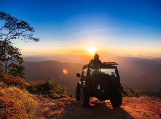 adventure off-road vehicle, standing at the sunrise view point along the mountain side