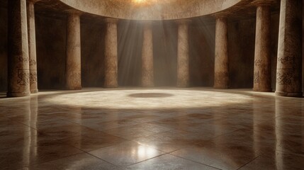 Mysterious ancient temple interior with sunlight beams