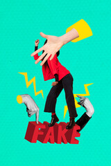 Vertical photo collage of hands hide guilty girl fake news propaganda spread lie disinformation...