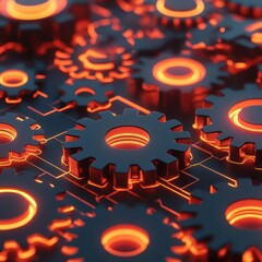 Close-up of metallic gears with glowing orange elements.