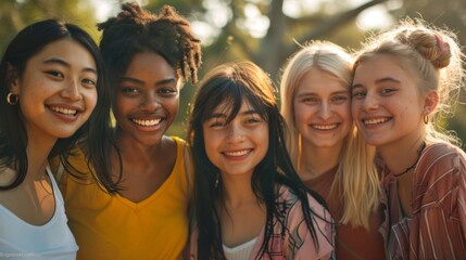 Fototapeta premium A friendly group of young women from different ethnicities, all smiling and standing closely together