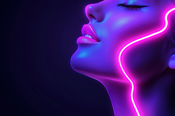 Obraz premium A face glowing with a vibrant smile, vibrant portrait of a woman's face illuminated by neon lights, showcasing modern beauty and artistic expression.