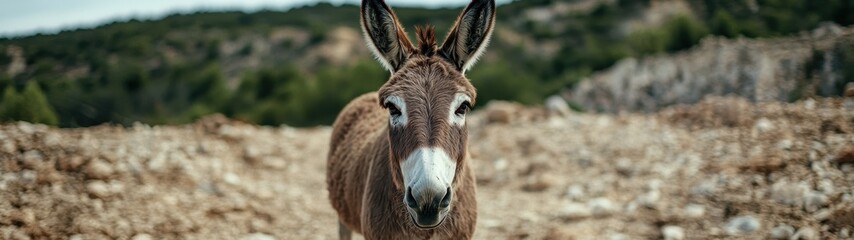 Fototapeta premium close up portrait of a curious donkey in a rural landscape
