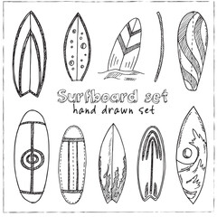 Surfboard hand drawn doodle set. Vector Isolated elements on white background. Symbol collection.