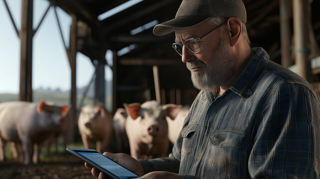 Farmer Using Digital Tools to Manage Pig Farming