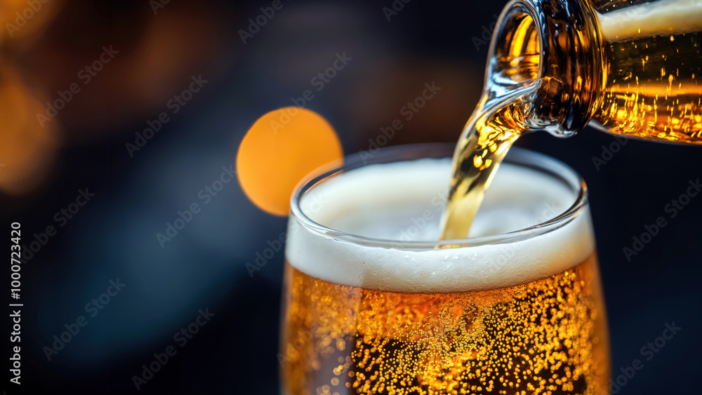 Poster bartender pouring beer into glass creating foam on top