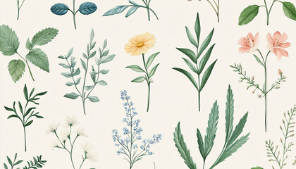 Fototapeta premium Hand-drawn vintage illustrations of different plant species, paired with soft, muted colors for a calming and artistic vibe