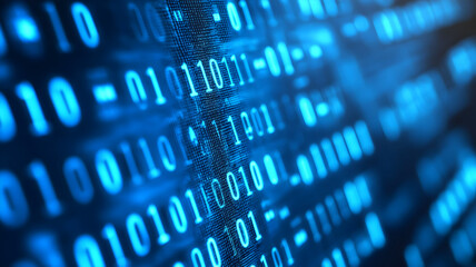 A futuristic computer screen illuminated with blue binary data, forming a dynamic and high-tech digital backdrop.