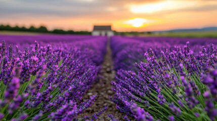 Vibrant lavender field at sunset