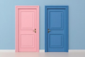 Colorful doors on blue wall, minimalist design, modern aesthetic.