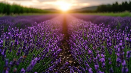 Fototapeta premium Serene lavender field at sunset
