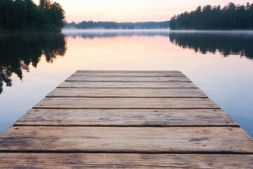Obraz premium Serene lake with wooden dock at sunset
