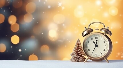 A nostalgic retro alarm clock stands in the snow beside a miniature Christmas tree with a dreamy, festive bokeh background creating a whimsical holiday scene.