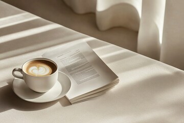 Magazine mockup with a lagurus and a cup of coffee on the beige table..generative ai