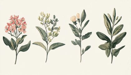 Fototapeta premium Hand-drawn vintage illustrations of different plant species, paired with soft, muted colors for a calming and artistic vibe