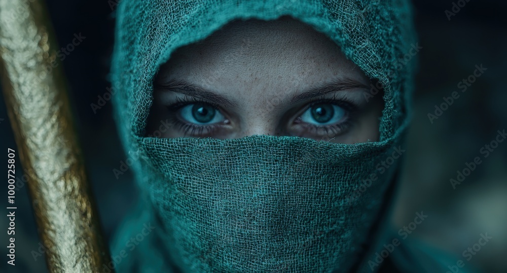 Wall mural mysterious woman with piercing blue eyes