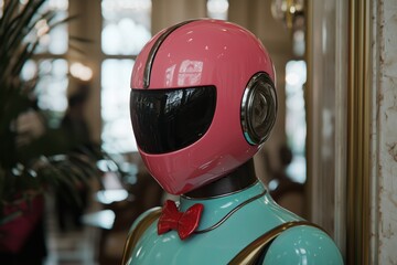 Retro robot with pink helmet and bow tie