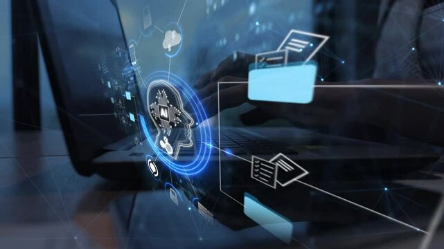 Ai Futuristic holographic interface of a file manager, folder structure with documents and data scanning, digital document storage software, cloud database, search and manage documents, paperless