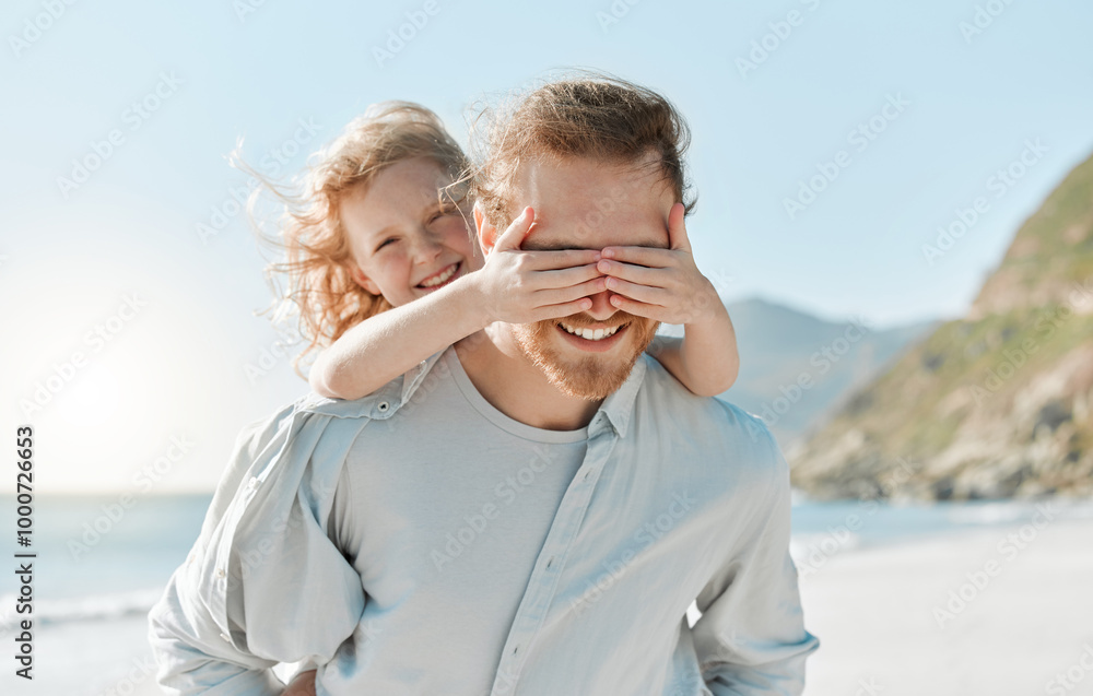 Wall mural Smile, child and cover of father, beach and bonded with daughter, water and happy family on holiday. Outdoor, gril and hands on eyes, playing and fun with dad, vacation and man in paradise and sea