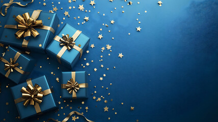 Blue presents with golden ribbons, placed to the left of a starry blue background, top-down view with room for copy.