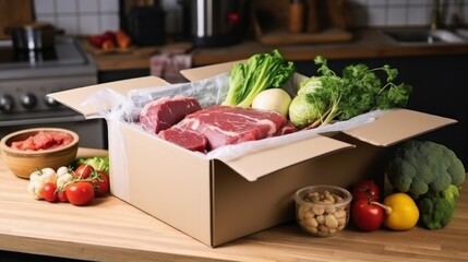 A box containing fresh meat and various vegetables is open on a wooden kitchen countertop, ready for meal preparation.