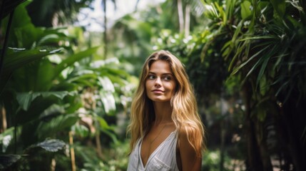 Naklejka premium A beautiful woman stands in a lush botanical garden, bathed in natural light, surrounded by verdant foliage, capturing the essence of serenity and nature's splendor.
