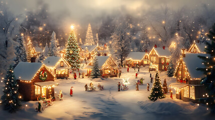 Christmas village with Snow in vintage style. Winter Village Landscape. Christmas Holidays. Christmas Card. 3d illustration