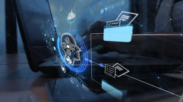 Ai Futuristic holographic interface of a file manager, folder structure with documents and data scanning, digital document storage software, cloud database, search and manage documents, paperless