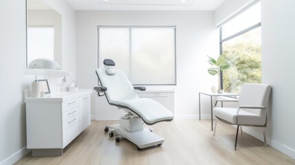 A sleek and pristine medical office features clean lines and modern furniture, creating a professional and inviting atmosphere.