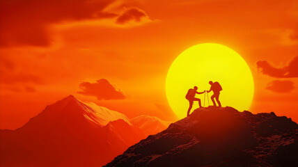 A hiker assists a friend in their journey to the mountain summit, highlighting the importance of teamwork in outdoor adventures.