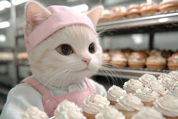 Adorable white cat wearing a pink hat looking at cupcakes