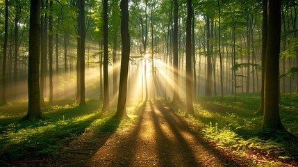 Obraz premium Sunlight streams through trees in a tranquil forest scene.