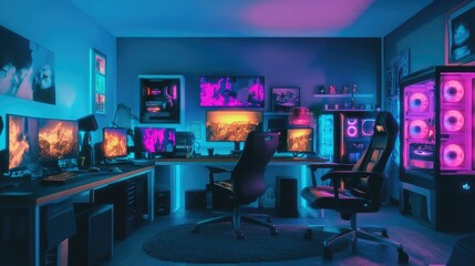 A cozy yet futuristic computer room filled with high-performance desktops, ergonomic chairs, and colorful lighting, creating an inviting atmosphere.