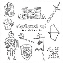 Medieval doodle set Vector isolated obkects