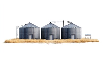 Obraz premium Three metal grain silos on a grassy field.