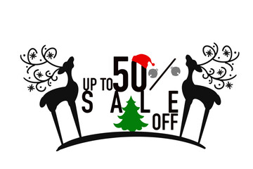 vector sale off christmas, up to 50% with reindeer silhouette 