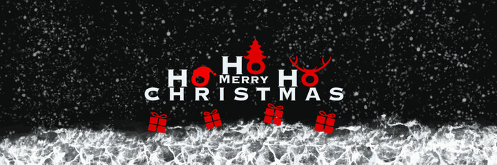 panoramic Merry christmas ho ho ho vector background. Winter holiday banner with gifts, falling snow texture effect