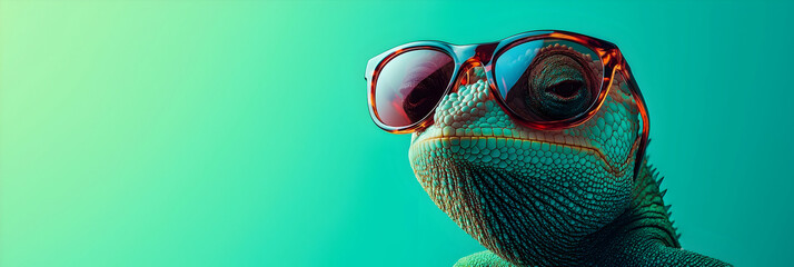 A playful chameleon donning sunglasses on a solid color background, created in vector art. This digital artwork highlights a faceted, minimalistic, and abstract aesthetic, ideal for panoramic use.