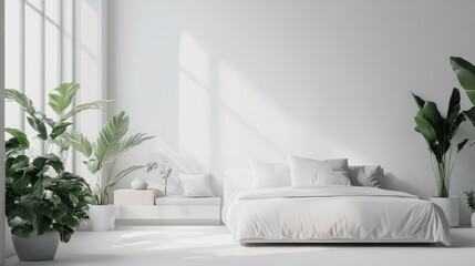 A minimalist bedroom with crisp white walls and bedding, a compact sofa in soft hues, and vibrant plants that add life and contrast to the serene space.