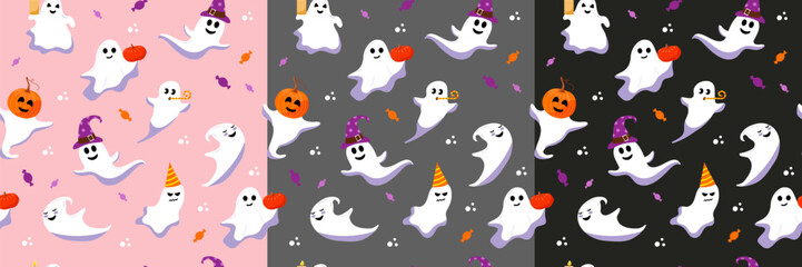 Set of vector seamless pattern. Cute halloween ghost.  Different characters on pink, grey, black background.