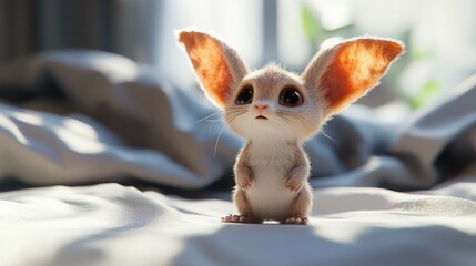 Adorable furry creature with big ears, standing on a bed.