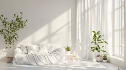A serene bedroom in minimalist white with a small sofa and potted plants placed strategically around the room, offering a fresh and simple decor.