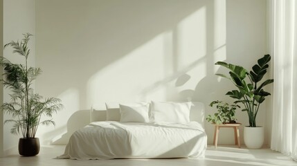 A serene bedroom in minimalist white with a small sofa and potted plants placed strategically around the room, offering a fresh and simple decor.