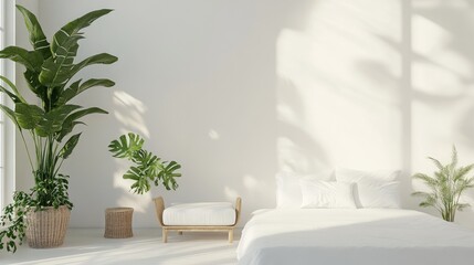 A serene minimalist bedroom with clean white walls, a small sofa in the corner, and lush green plants, creating a calm and refreshing space.