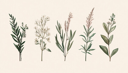 Fototapeta premium Hand-drawn vintage illustrations of different plant species, paired with soft, muted colors for a calming and artistic vibe